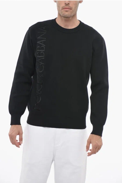 Dolce & Gabbana Crew Neck Stretch Fabric Sweater With Embroidered Logo In Black