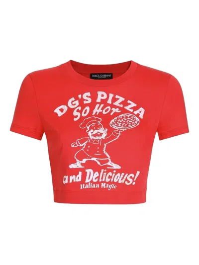 Dolce & Gabbana Crew Neck T-shirt With Front Print And Embroidered Logo In Red