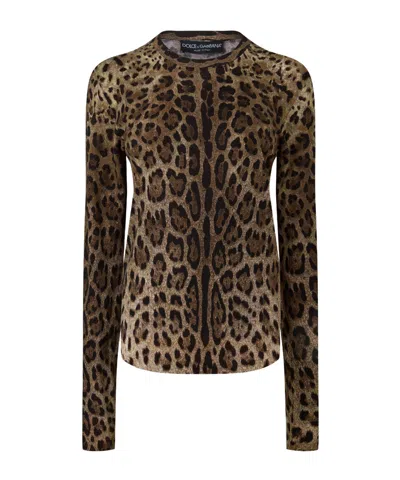 Dolce & Gabbana Crewneck Slim Long Sleeve Knit Top In Animal Print