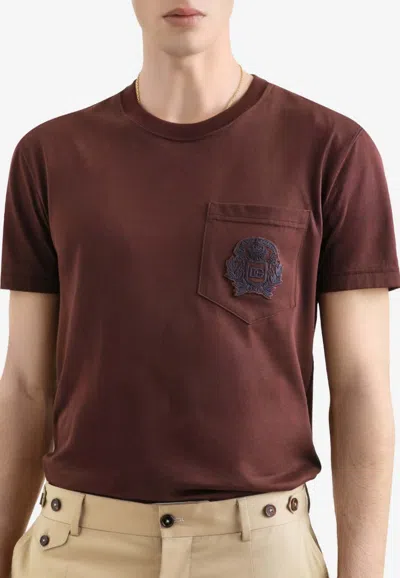 Dolce & Gabbana Crewneck T-shirt With Embroidered-logo In Brown