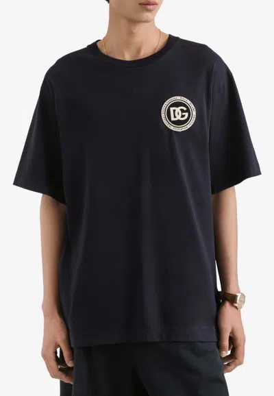 Dolce & Gabbana Crewneck T-shirt With Logo-patch In Blue