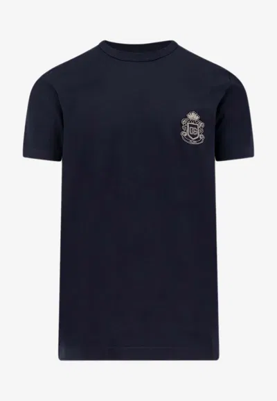 Dolce & Gabbana Crewneck T-shirt With Logo-patch In Blue