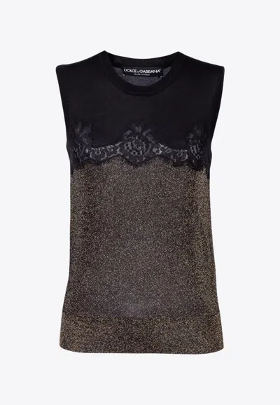 Dolce & Gabbana Crewneck Top With Lace Inserts In Black