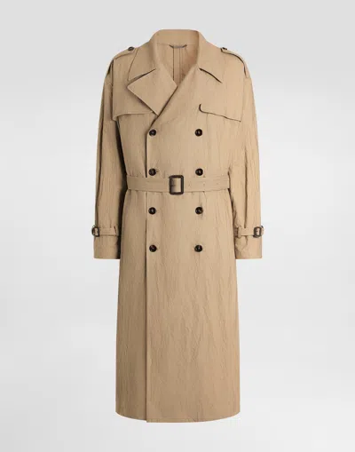 Dolce & Gabbana Crinkled Effect Cotton Trench Coat In Brown