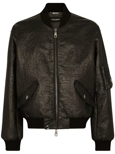 Dolce & Gabbana Crinkled-finish Lambskin Bomber Jacket In Black