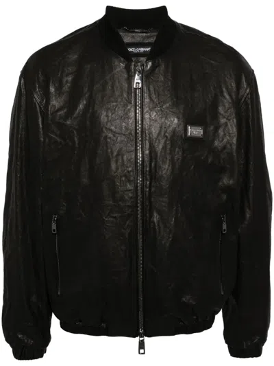 Dolce & Gabbana Crinkled Leather Bomber Jacket In Black