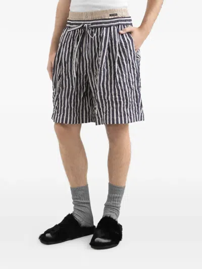 Dolce & Gabbana Striped Viscose And Silk Blend Shorts With Drawstring Waist In Blue