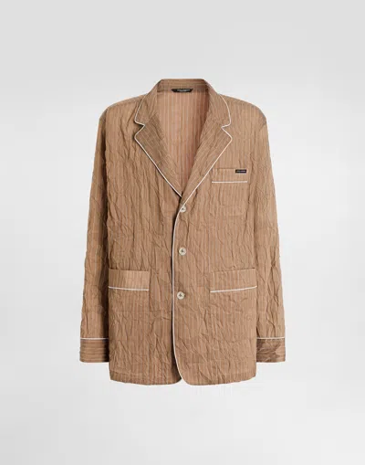 Dolce & Gabbana Crinkled Striped Fabric Shirt-style Vanity Robe In Neutral