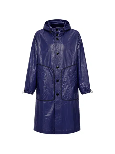 Dolce & Gabbana Cotton Hooded Mens Raincoat Long Length In Blue