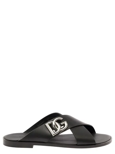 DOLCE & GABBANA BLACK SANDALS WITH CRISS CROSS BANDS AND LOGO DETAIL IN LEATHER MAN