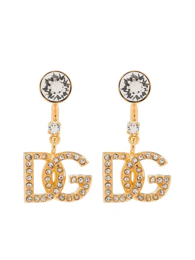 Dolce & Gabbana Cristal Emmbellished Logo Frop Earrings In Gold