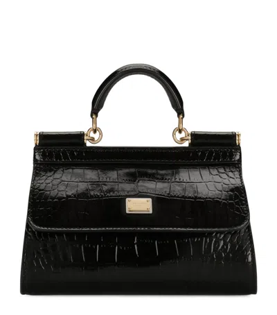 Dolce & Gabbana Croc-embossed Calfskin Top-handle Bag In Black