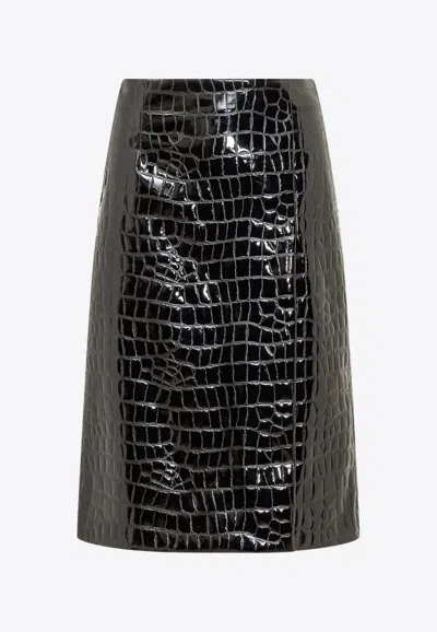 Dolce & Gabbana Croc-embossed Faux Leather Midi Skirt In Black