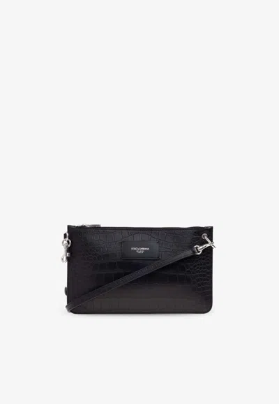 Dolce & Gabbana Croc-embossed Leather Shoulder Bag In Black