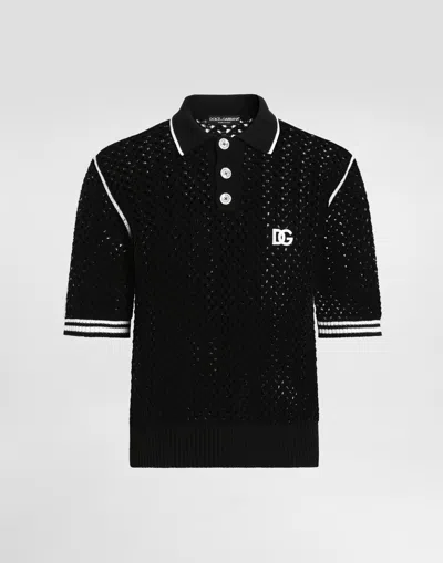 Dolce & Gabbana Crochet Effect Cotton Polo Shirt In Black