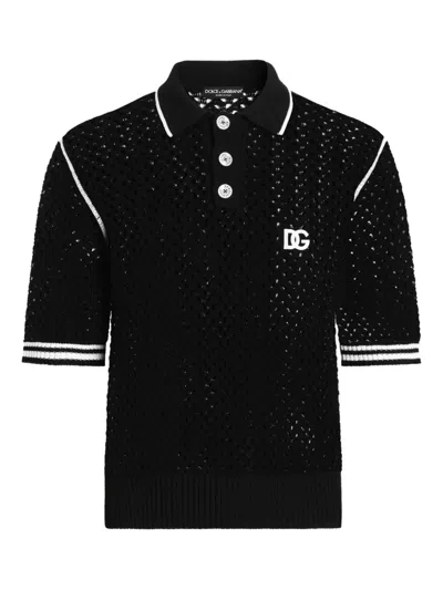 Dolce & Gabbana Crochet-knit Short-sleeve Polo Shirt In Black