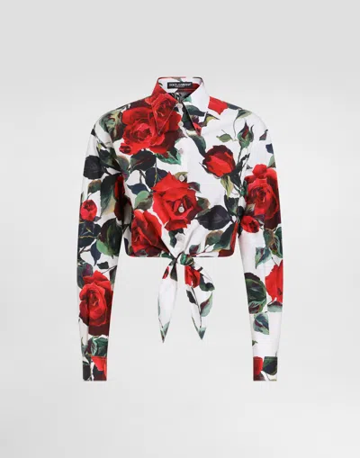 Dolce & Gabbana Cropped Cotton Pussy-bow Shirt With Rose Print