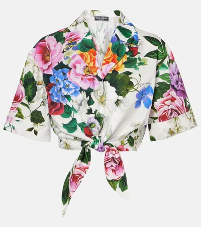 Dolce & Gabbana Multicolor Crop Shirt With All-over Floral Motif And Logo Lettering Detail On The Front In Cotton Wo