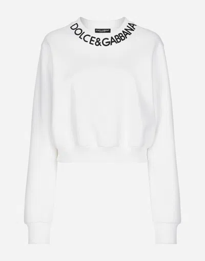 Dolce & Gabbana Cropped Jersey Sweatshirt With Logo Embroidery On Neck In White