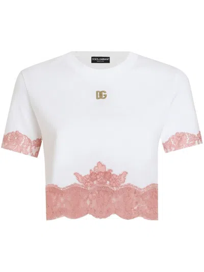 DOLCE & GABBANA DOLCE & GABBANA CROPPED JERSEY T-SHIRT WITH DG LOGO AND LACE INSERTS