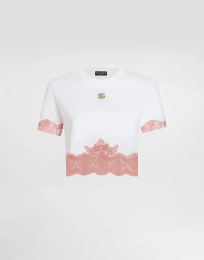 DOLCE & GABBANA CROPPED JERSEY T-SHIRT WITH DG LOGO AND LACE INSERTS
