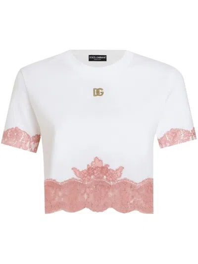 Dolce & Gabbana Cropped Jersey T-shirt With Dg Logo And Lace Inserts In White