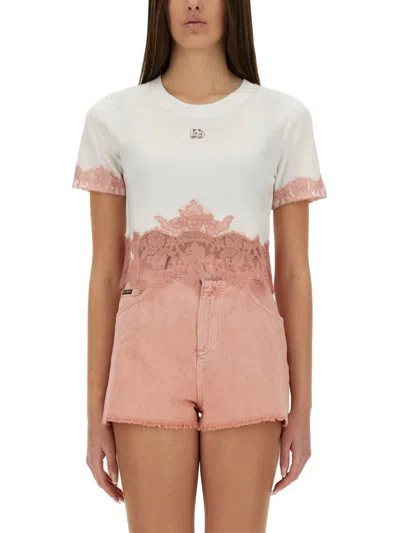 DOLCE & GABBANA DOLCE & GABBANA CROPPED JERSEY TSHIRT WITH LACE INSERTS