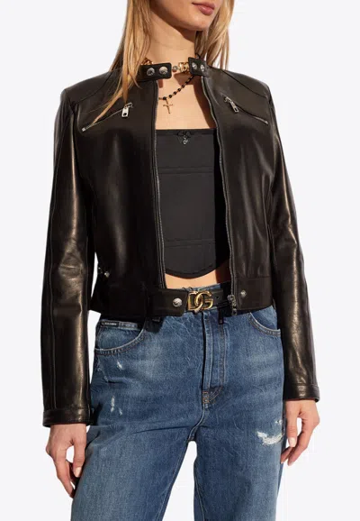 Dolce & Gabbana Cropped Leather Jacket In Black