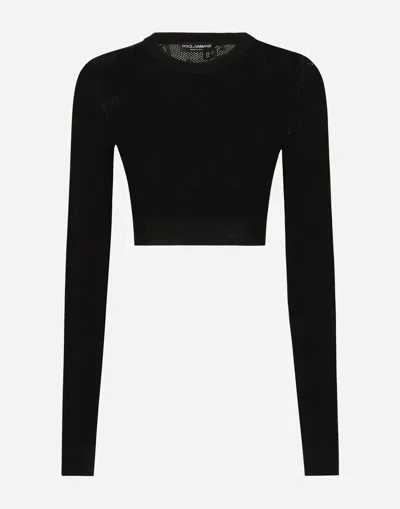 DOLCE & GABBANA CROPPED MESH-STITCH VISCOSE SWEATER WITH JACQUARD DG LOGO