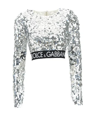 Dolce & Gabbana Cropped Sequin-embellished Top In Gray