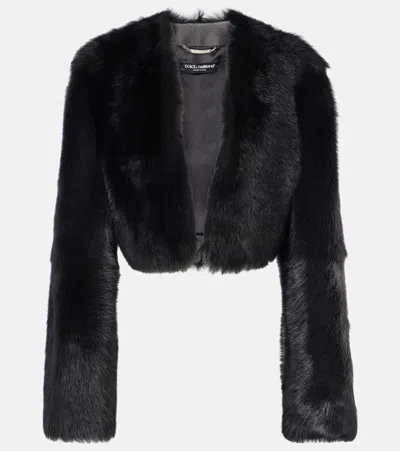 Dolce & Gabbana Cropped Shearling Jacket In Black