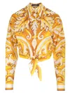 Dolce & Gabbana Maiolica Brocade Print Cropped Button-front Shirt In Yellow