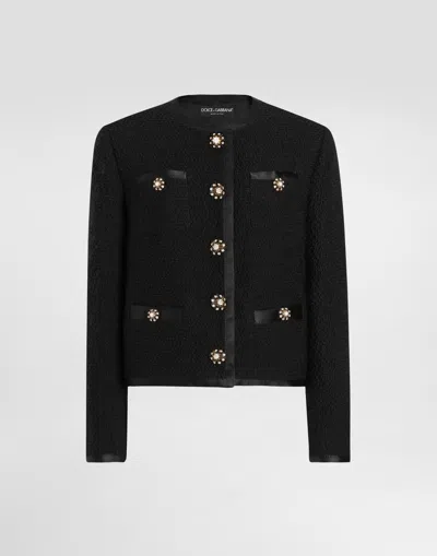 DOLCE & GABBANA CROPPED SINGLE-BREASTED BOUCLÉ TWEED JACKET WITH BEJEWELED BUTTONS