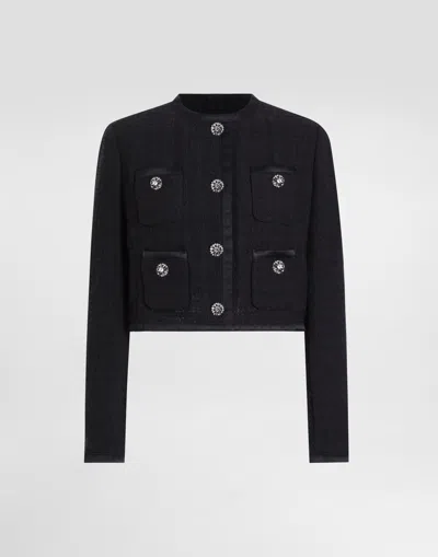 Dolce & Gabbana Cropped Single-breasted Raschel Tweed Jacket With Bejeweled Buttons In Black