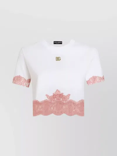 DOLCE & GABBANA CROPPED T-SHIRT WITH LACE TRIM AND LOGO