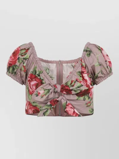 DOLCE & GABBANA COTTON FLORAL-PRINT V-NECK CROPPED BLOUSE