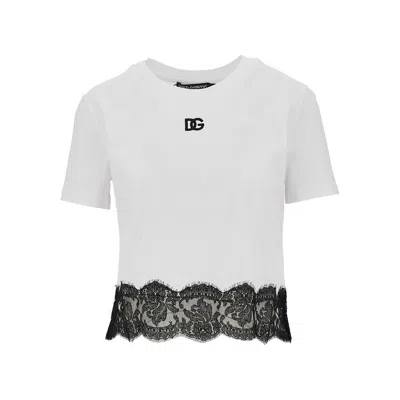 Dolce & Gabbana Cropped T-shirt With Lace Trimming In Multi
