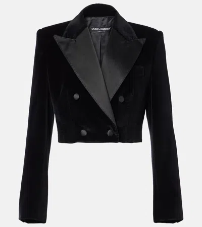 Dolce & Gabbana Cropped Double-breasted Silk Blazer With Wide Lapels In Black