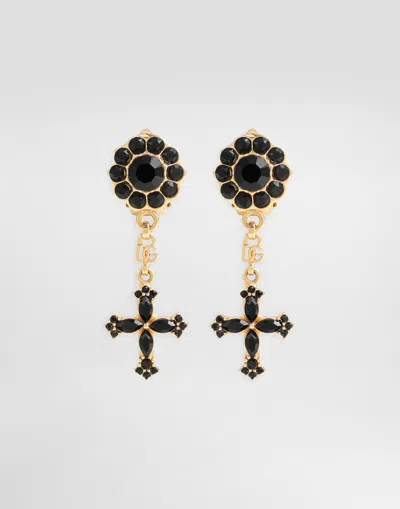 Dolce & Gabbana Cross And Rhinestone Clip Earrings In Multi