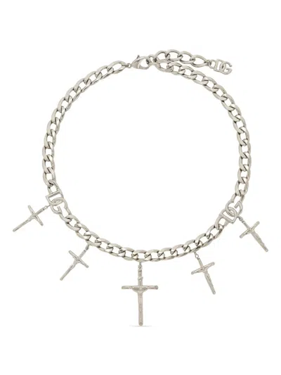 Dolce & Gabbana Chain Necklace With Cross Pendants And Dg Logo In Silver
