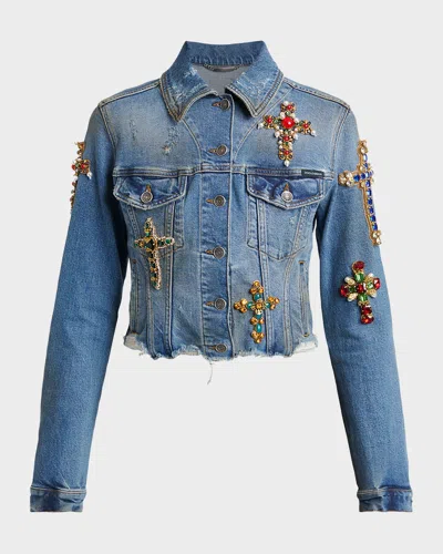 Dolce & Gabbana Cross Embellished Distressed Denim Jacket In Variante Abbinata