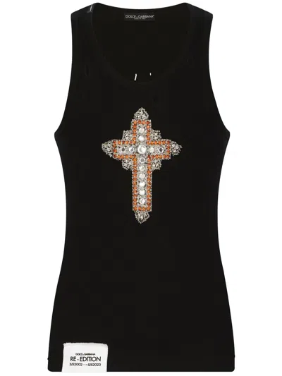 Dolce & Gabbana Crystal-embellished Cotton Tank In Black