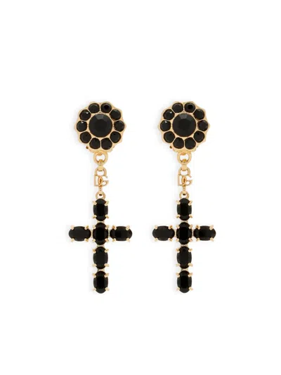 Dolce & Gabbana Elegant Gold Earrings With Black Cross Pendant