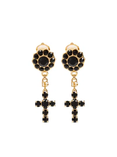 Dolce & Gabbana Cross And Rhinestones Drop Earrings In Multi