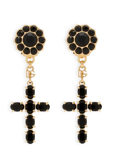 Dolce & Gabbana Golden Strass Embellished Earrings In Black