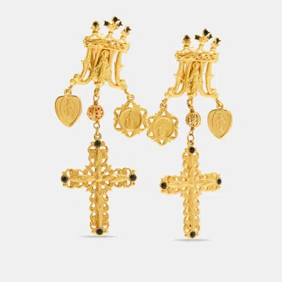 Pre-owned Dolce & Gabbana Cross Votive Medallions Gold Tone Clip-on Drop Earrings