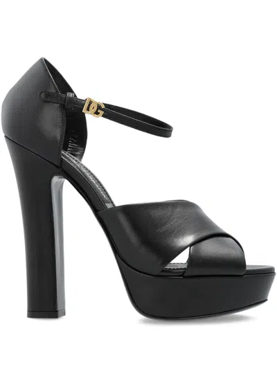Dolce & Gabbana Crossover Platform Leather Sandals In Black