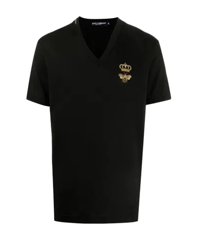 Dolce & Gabbana Crown Bee V-neck T-shirt In Black