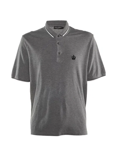 Pre-owned Dolce & Gabbana Crown Embroidered Polo Shirt In Gray