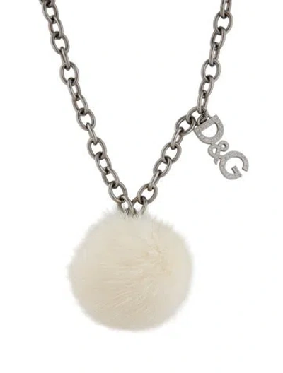 Pre-owned Dolce & Gabbana Crystal & Fur Pendant Necklace, 30.25" In White